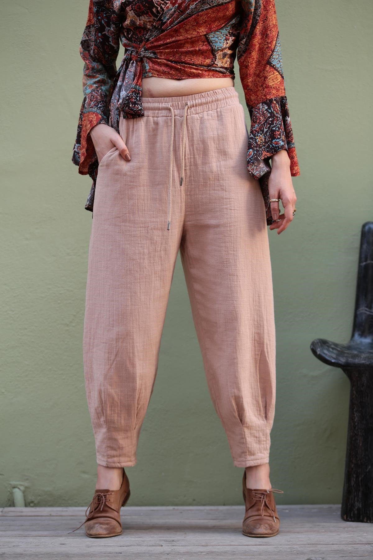  Camel Beli Lastikli Pantolon