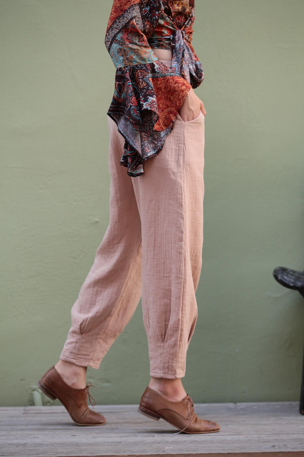  Camel Beli Lastikli Pantolon