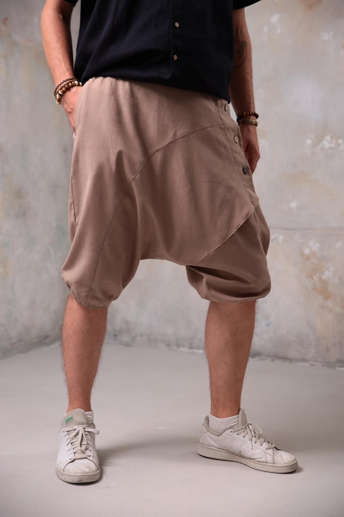  Camel Düğme Detaylı Kapri Şalvar Pantolon