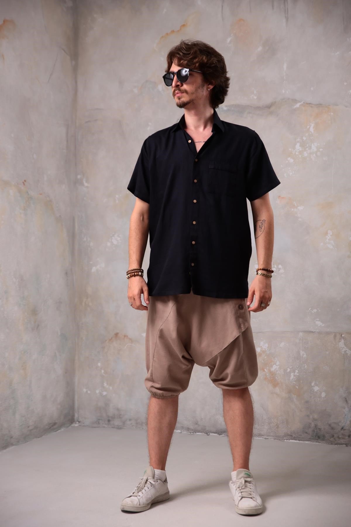  Camel Düğme Detaylı Kapri Şalvar Pantolon