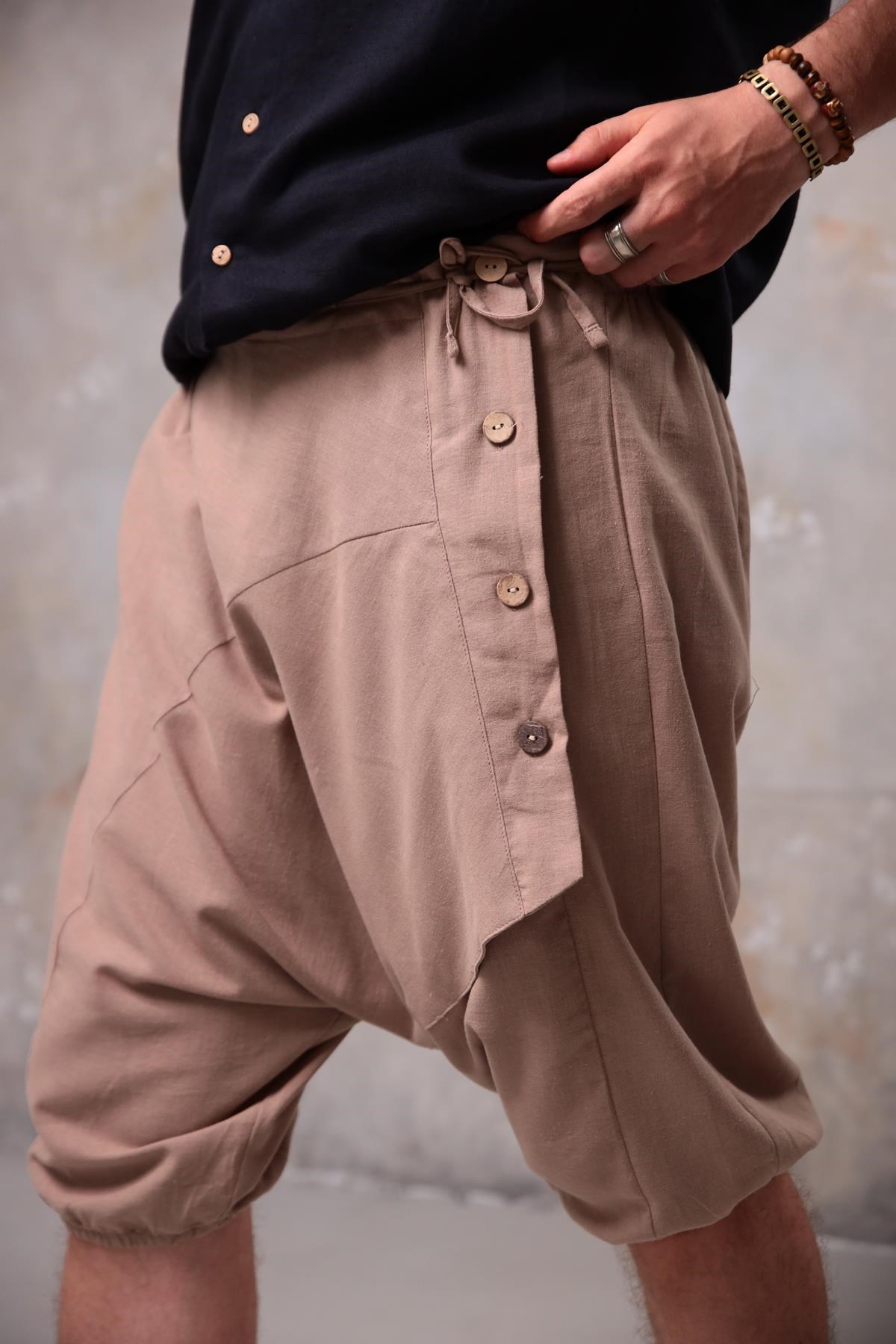  Camel Düğme Detaylı Kapri Şalvar Pantolon