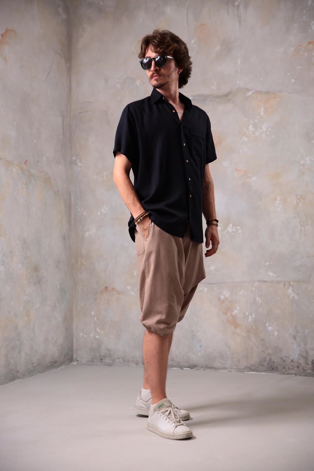  Camel Düğme Detaylı Kapri Şalvar Pantolon