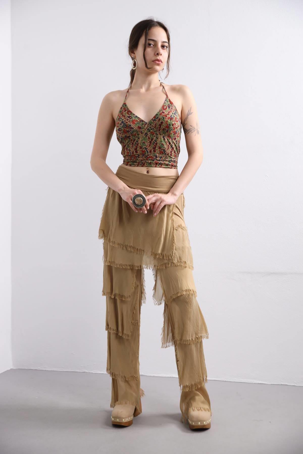 Camel Rengi Kat Kat İpek Pantolon - Şaman Butik Camel Rengi Kat Kat İpek Pantolon