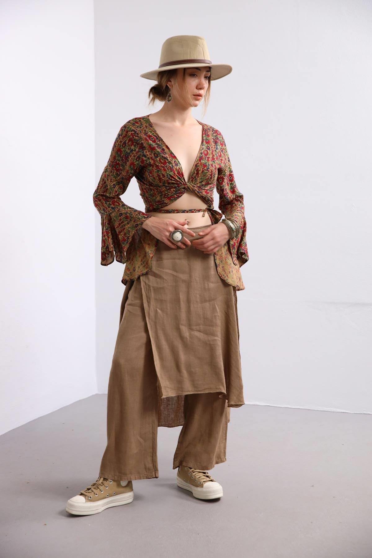 Camel Rengi Parça Detaylı Keten Pantolon - Şaman Butik Camel Rengi Parça Detaylı Keten Pantolon