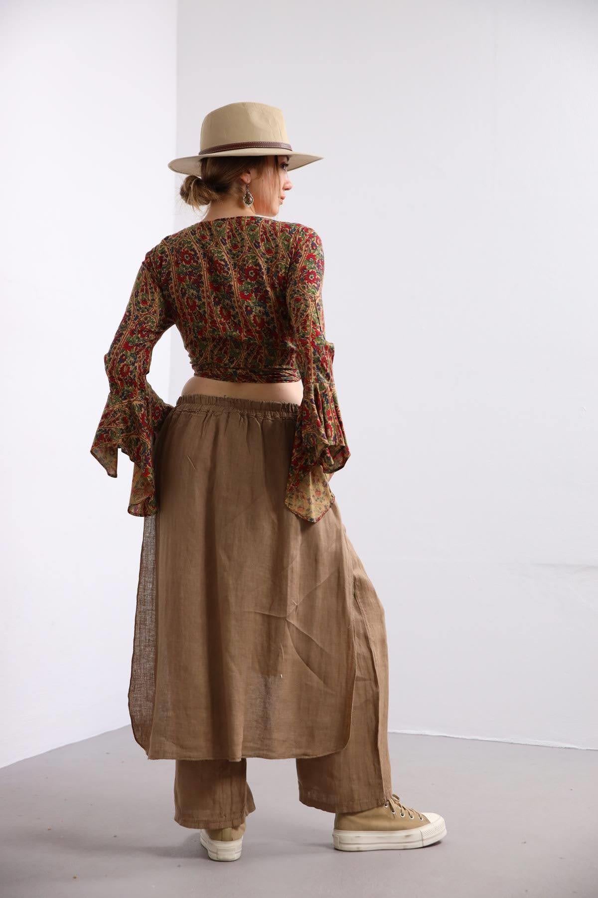 Camel Rengi Parça Detaylı Keten Pantolon - Şaman Butik Camel Rengi Parça Detaylı Keten Pantolon
