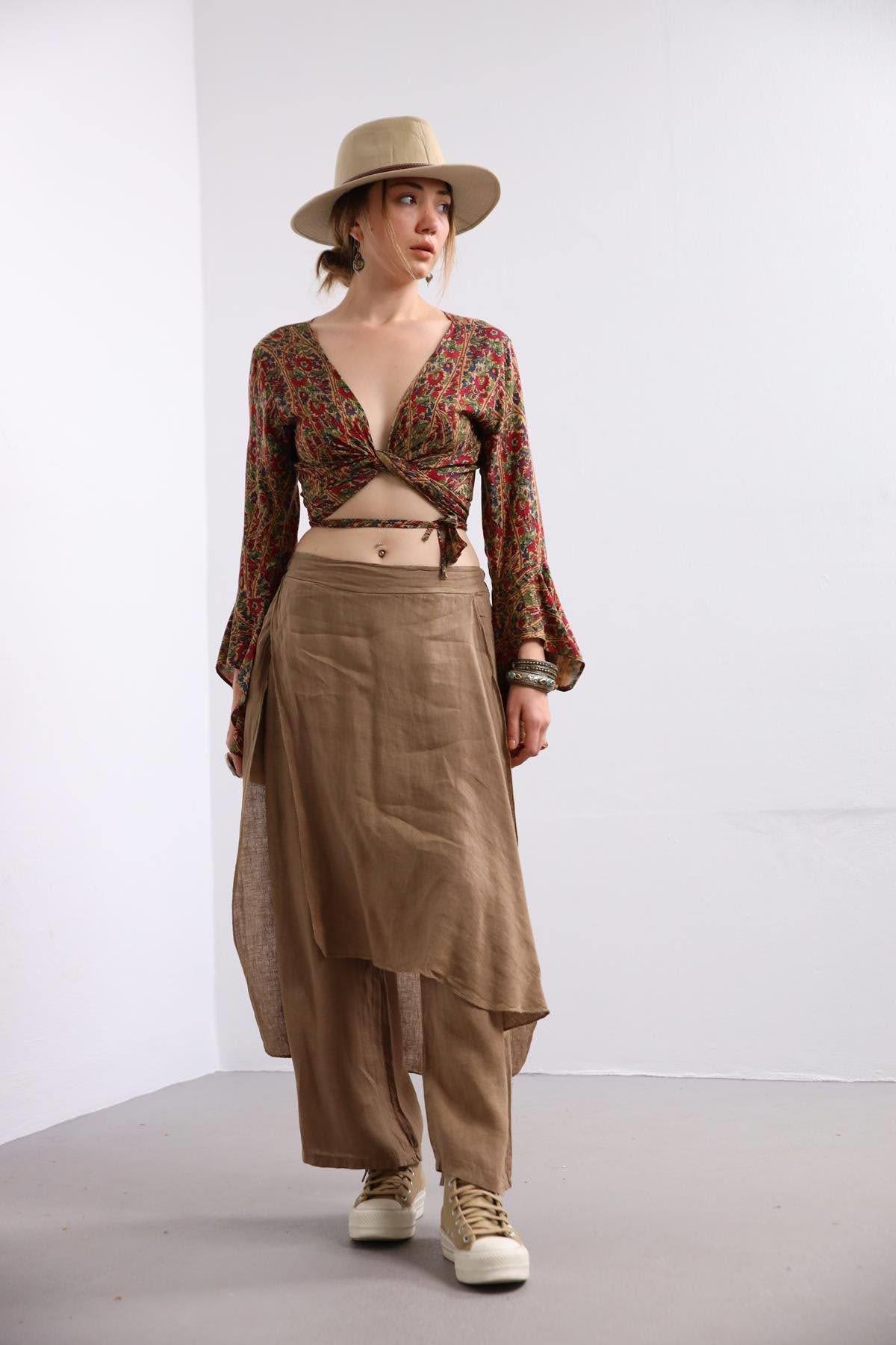 Camel Rengi Parça Detaylı Keten Pantolon - Şaman Butik Camel Rengi Parça Detaylı Keten Pantolon