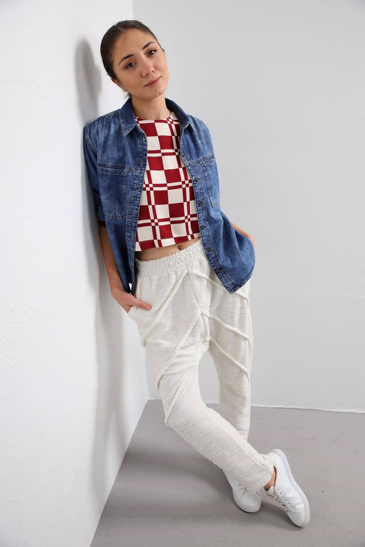 Ecru Stitched Detail Trousers - Saman Butik | Shop Online Ecru Stitched Detail Trousers