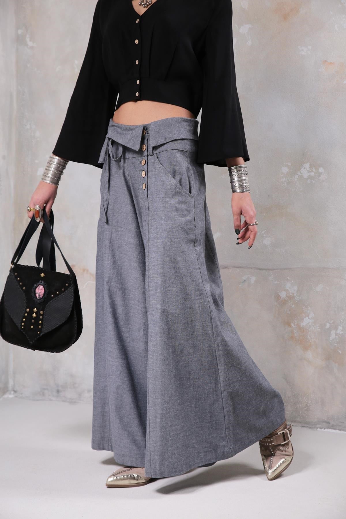 Gri 5 Düğmeli Pantolon - Şaman Butik Gri 5 Düğmeli Pantolon