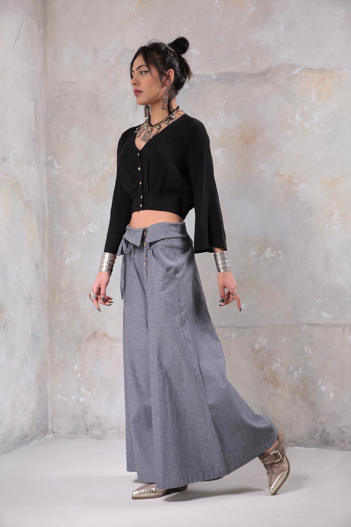 Gri 5 Düğmeli Pantolon - Şaman Butik Gri 5 Düğmeli Pantolon