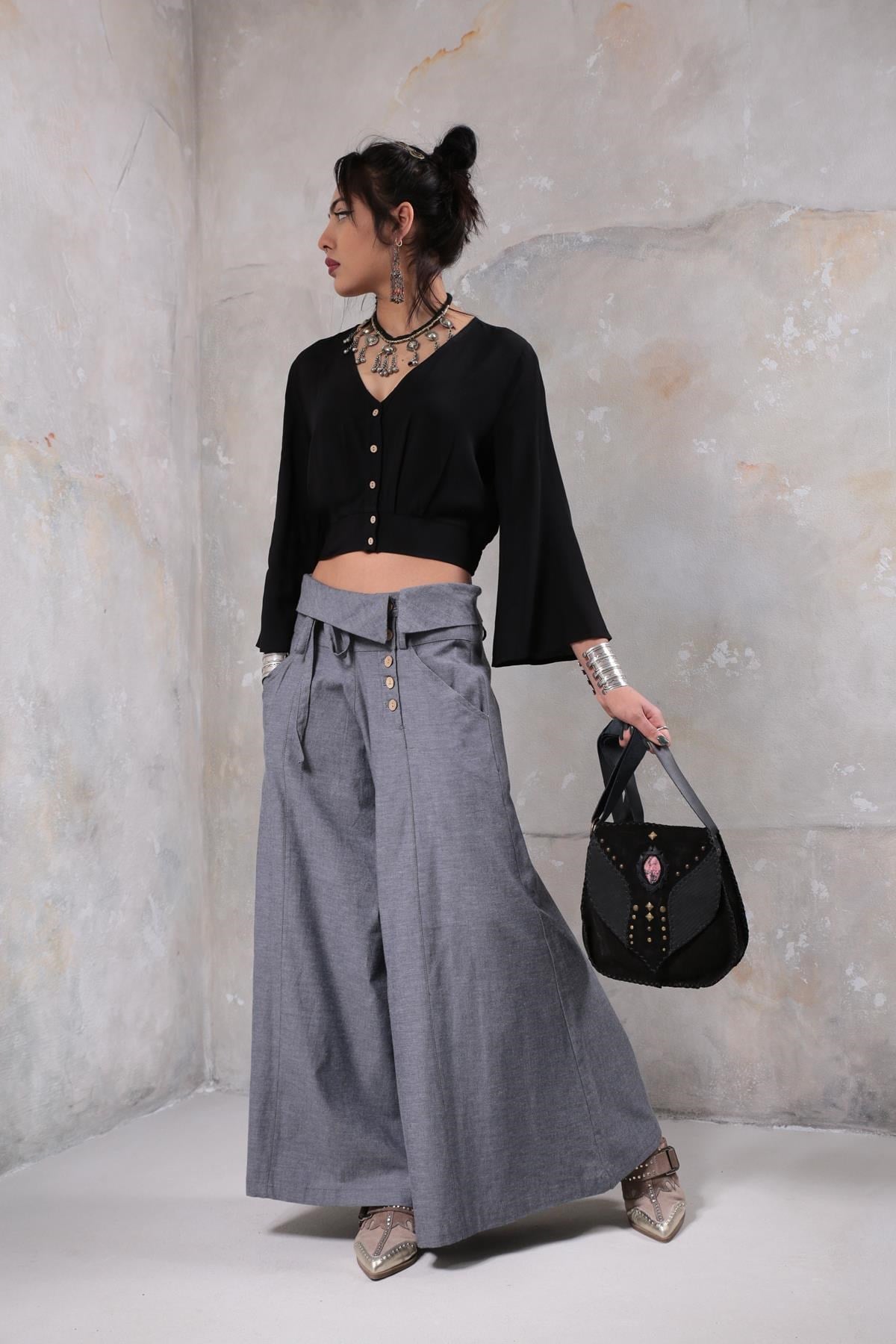 Gri 5 Düğmeli Pantolon - Şaman Butik Gri 5 Düğmeli Pantolon