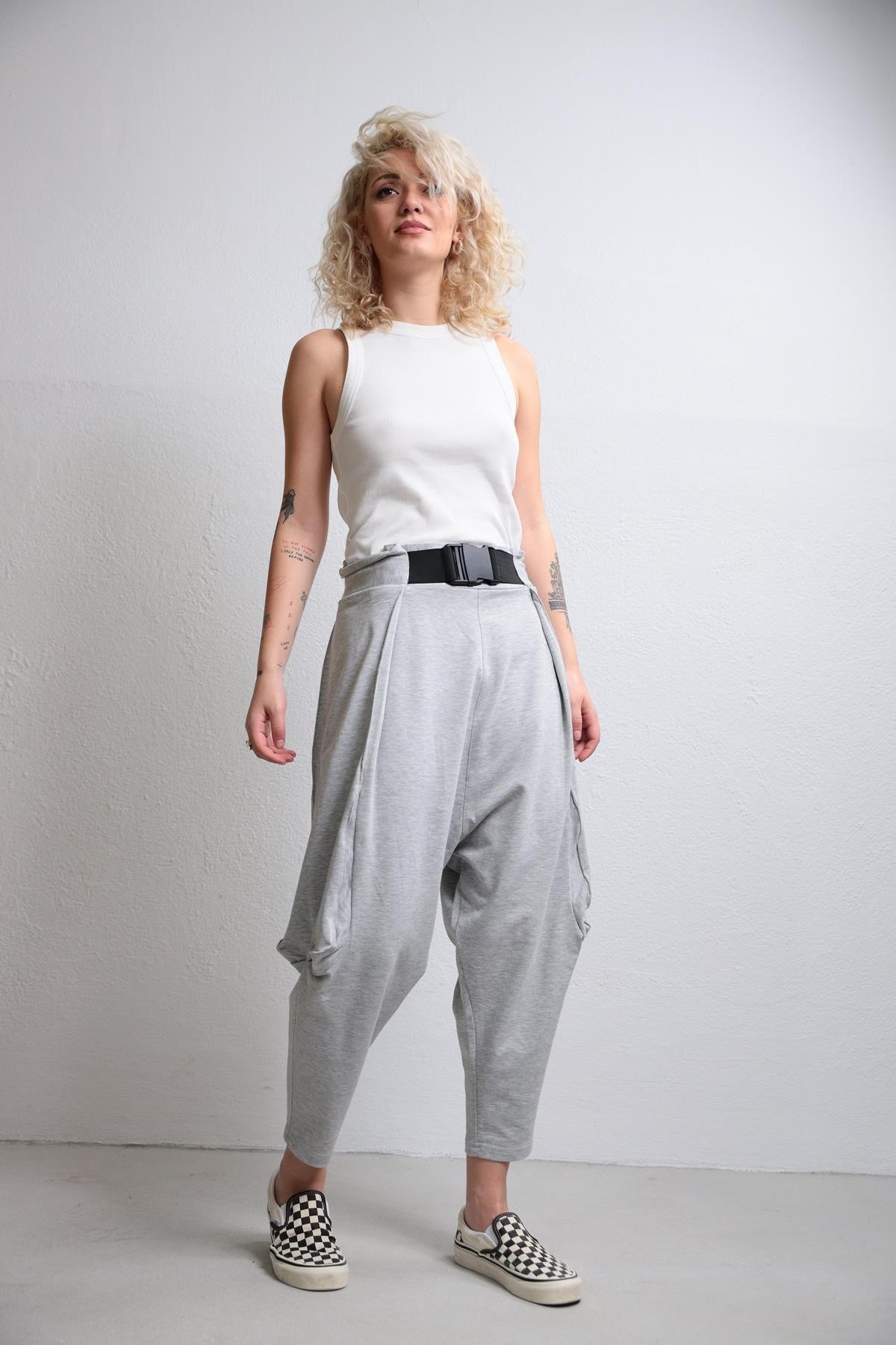  Gri Ağı Düşük Kemer Detay Şalvar Pantolon