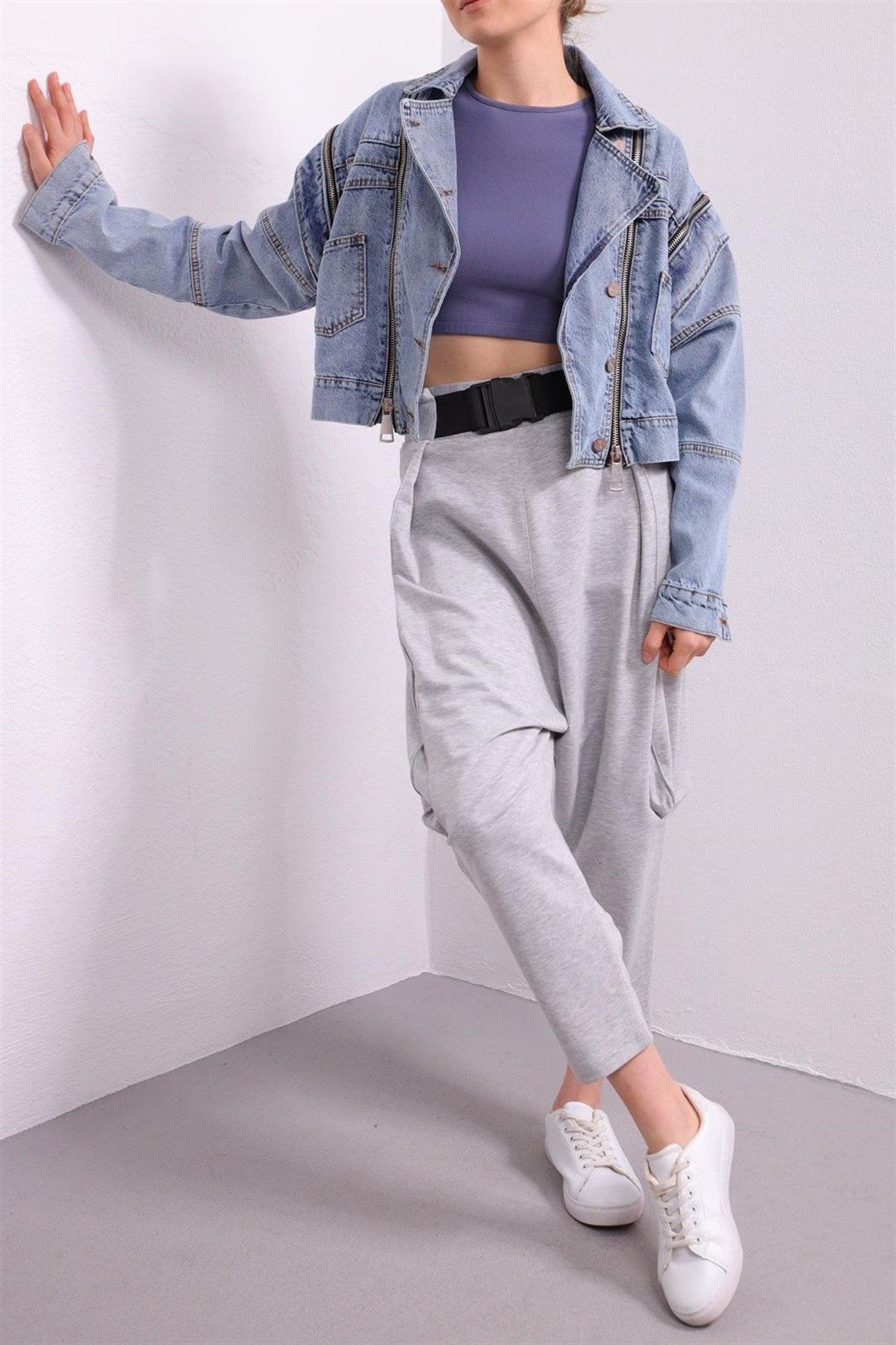  Gri Ağı Düşük Kemer Detay Şalvar Pantolon