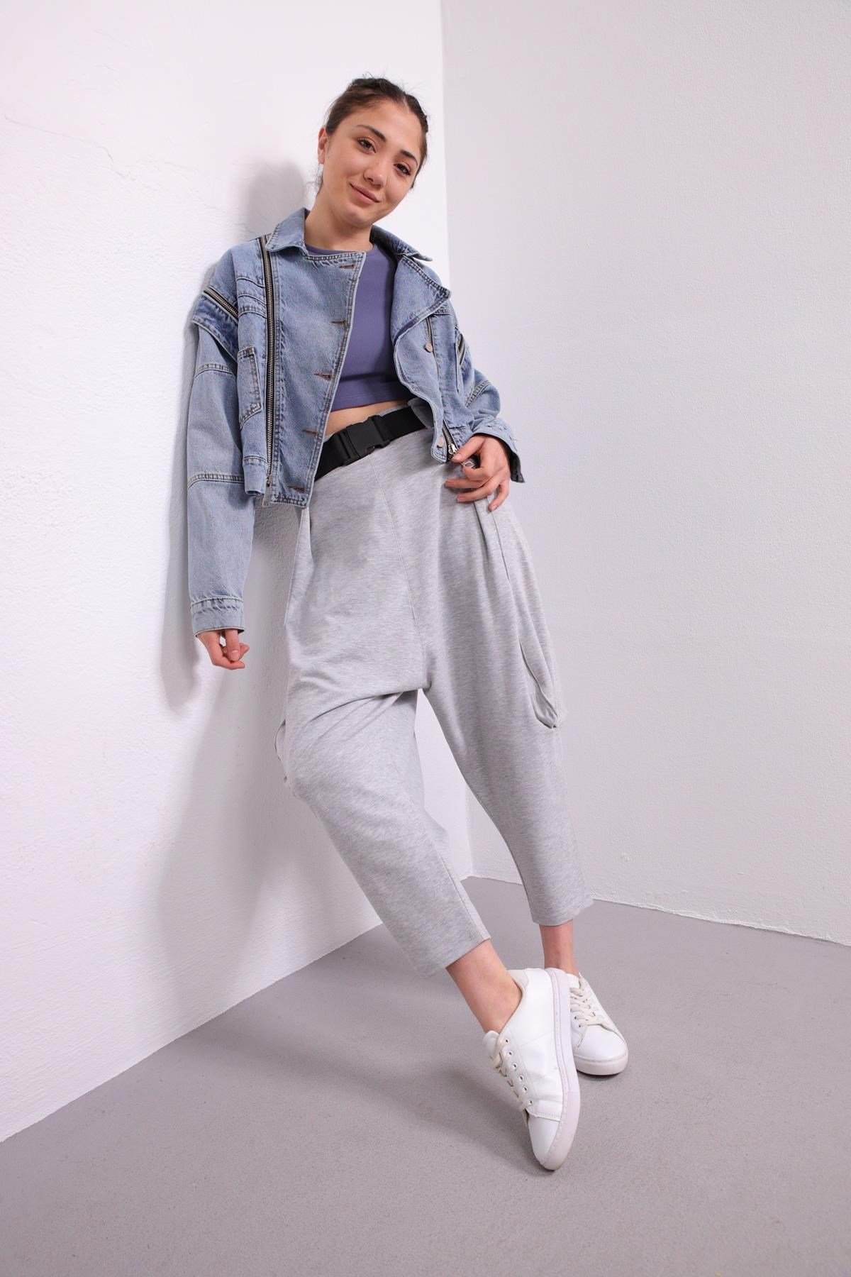  Gri Ağı Düşük Kemer Detay Şalvar Pantolon