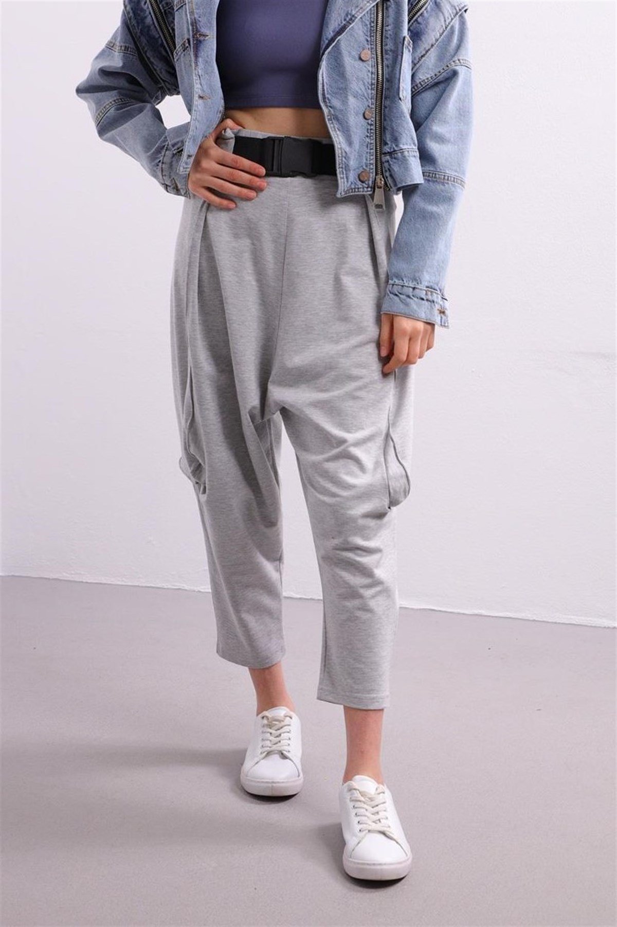  Gri Ağı Düşük Kemer Detay Şalvar Pantolon