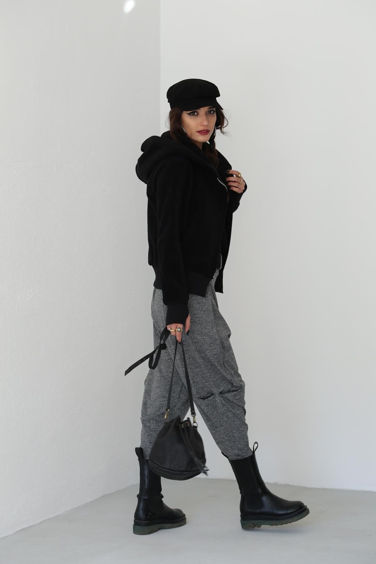  Gri Kırçıllı Ağı Düşük Kemer Detay Şalvar Pantolon