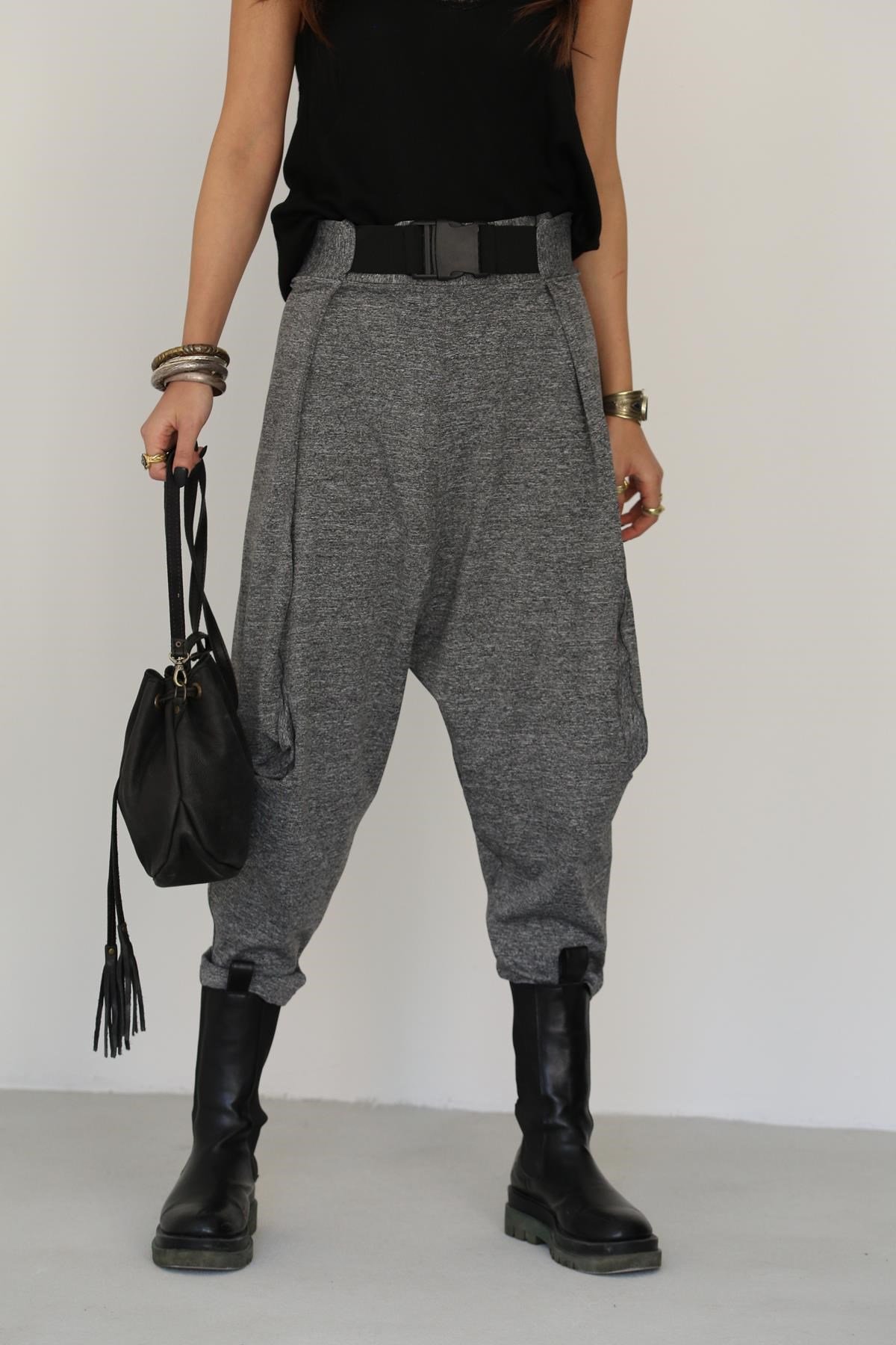  Gri Kırçıllı Ağı Düşük Kemer Detay Şalvar Pantolon