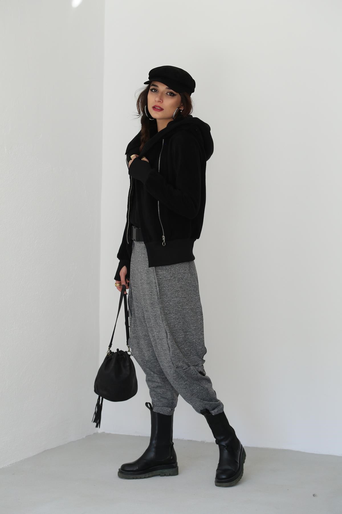  Gri Kırçıllı Ağı Düşük Kemer Detay Şalvar Pantolon