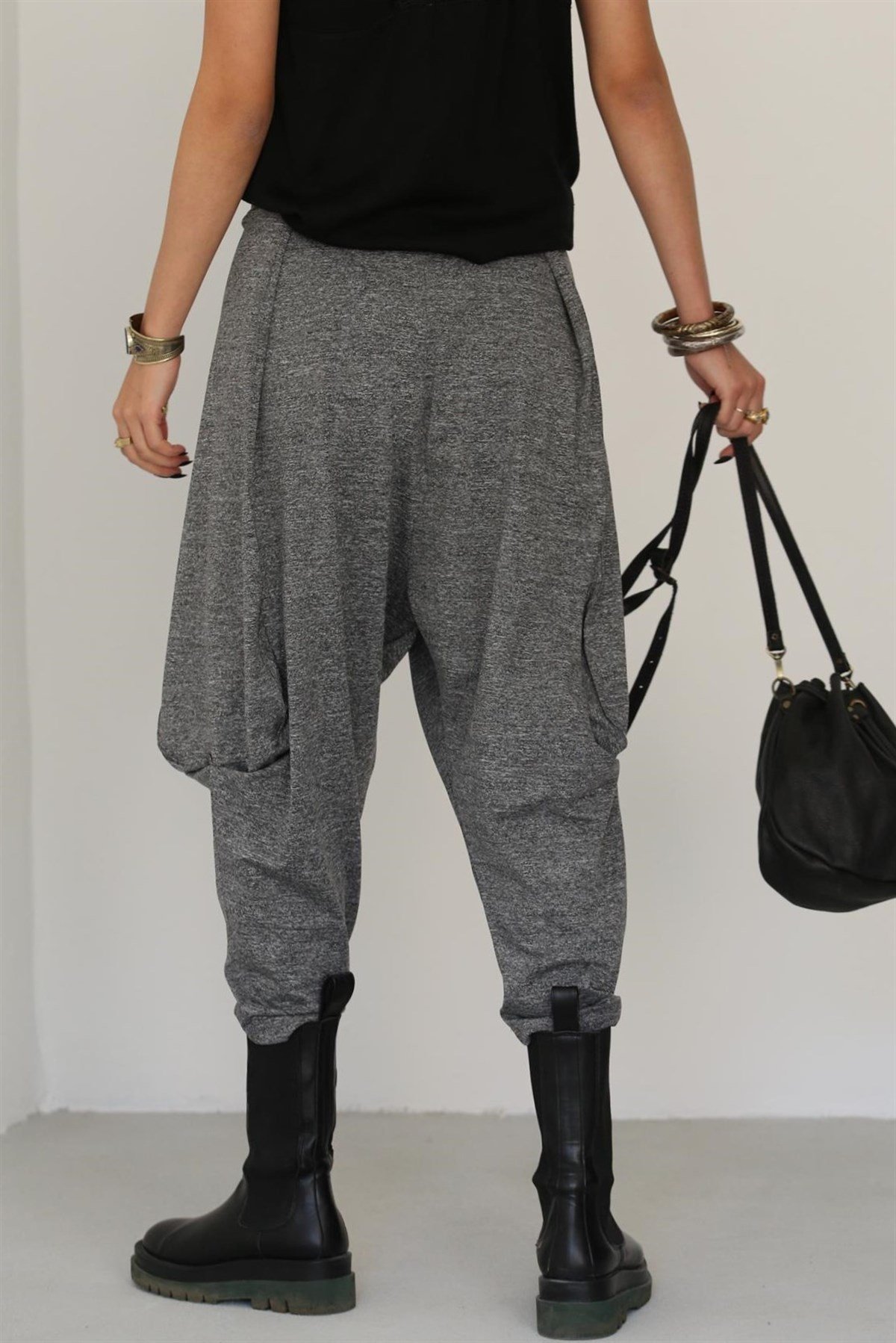  Gri Kırçıllı Ağı Düşük Kemer Detay Şalvar Pantolon