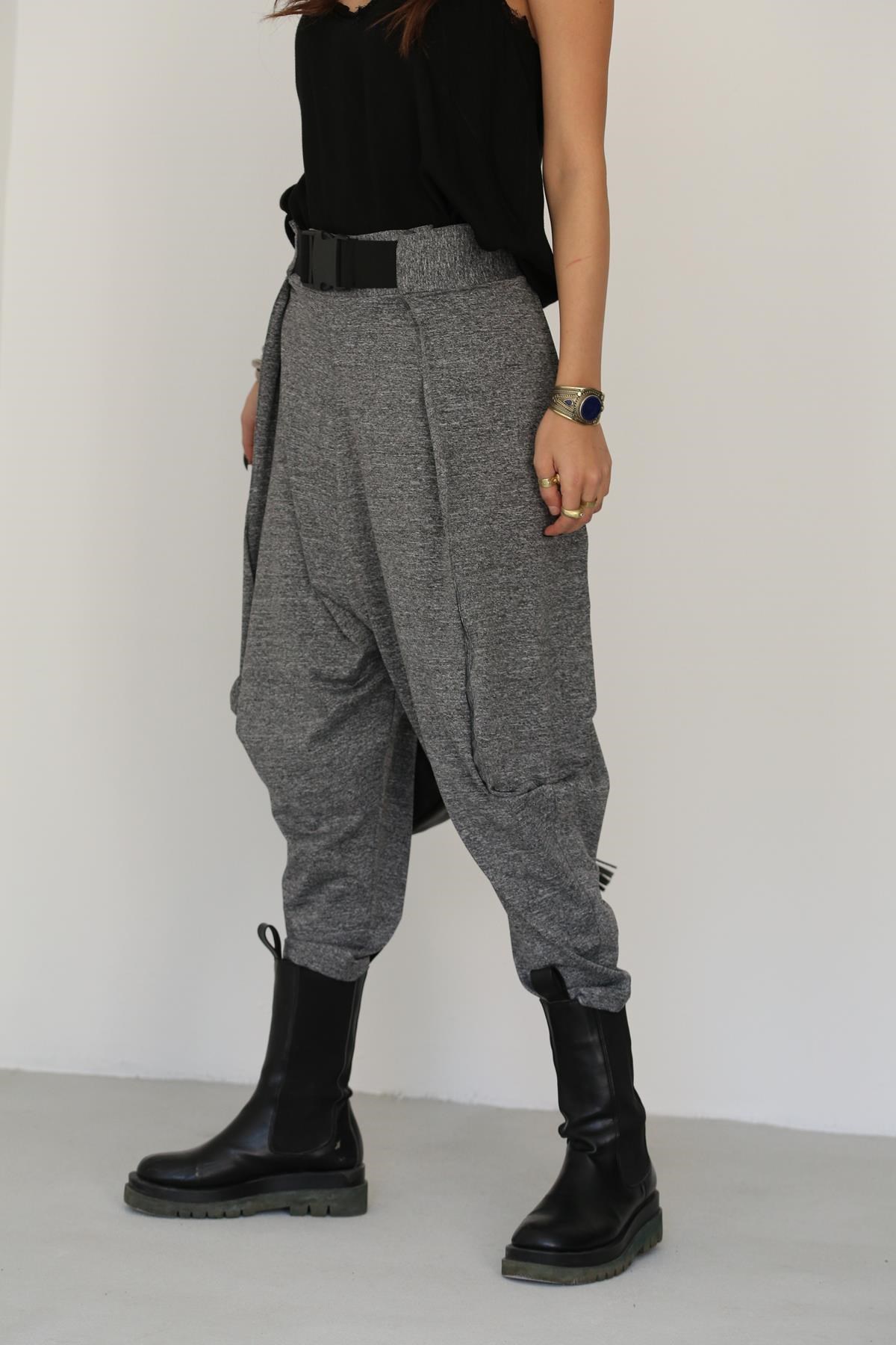  Gri Kırçıllı Ağı Düşük Kemer Detay Şalvar Pantolon