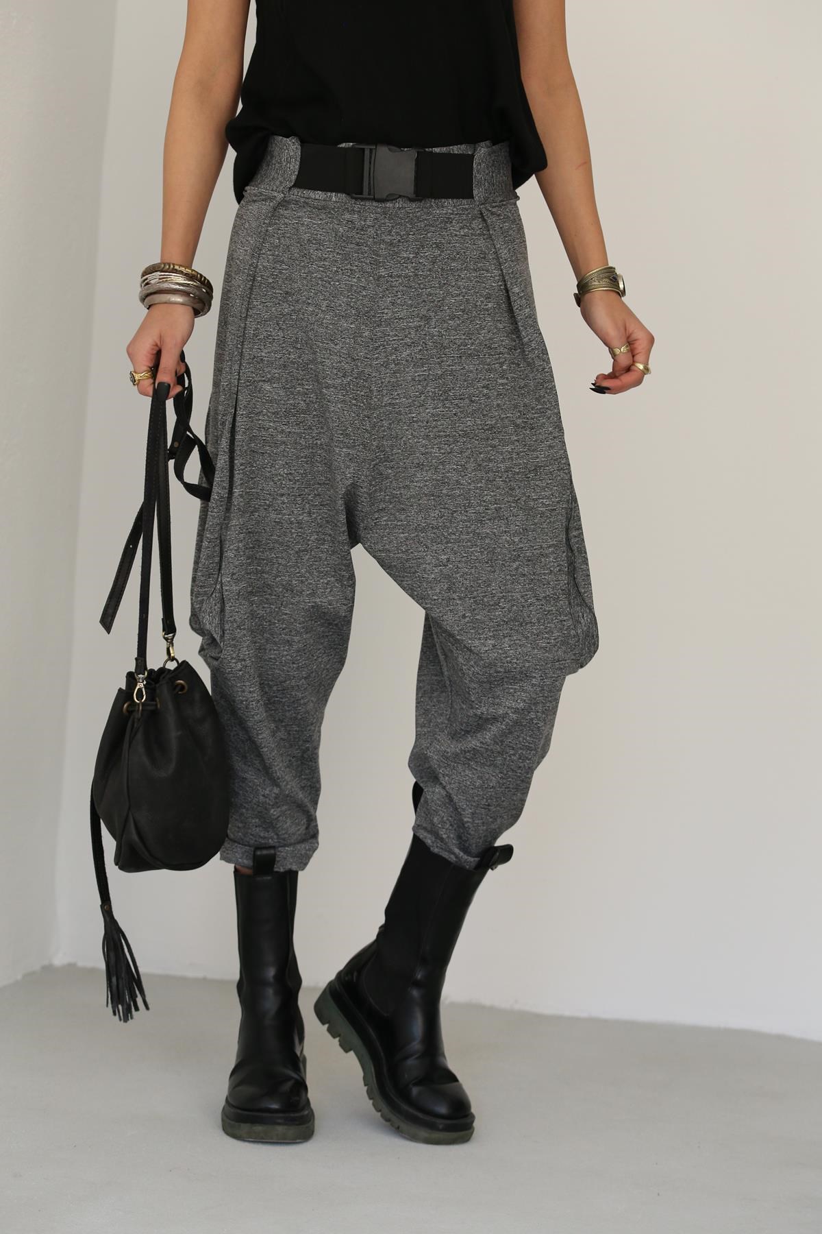  Gri Kırçıllı Ağı Düşük Kemer Detay Şalvar Pantolon