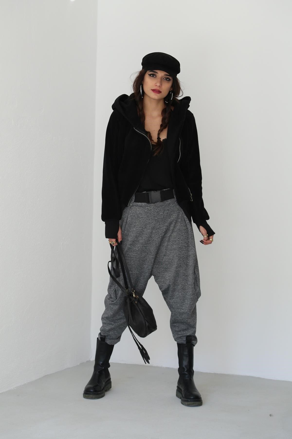  Gri Kırçıllı Ağı Düşük Kemer Detay Şalvar Pantolon