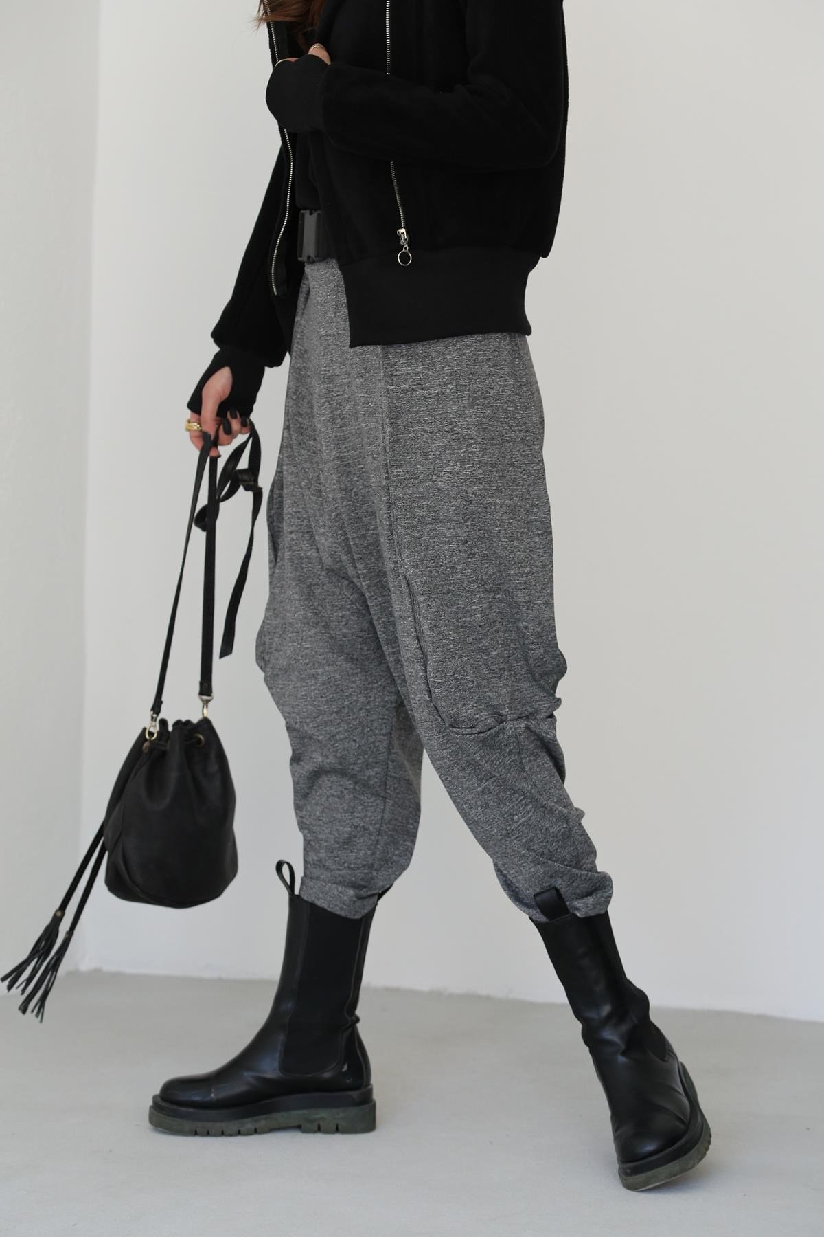  Gri Kırçıllı Ağı Düşük Kemer Detay Şalvar Pantolon