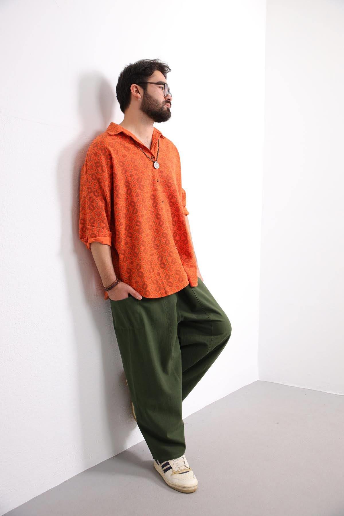  Haki Balıkçı Desenli Pantolon