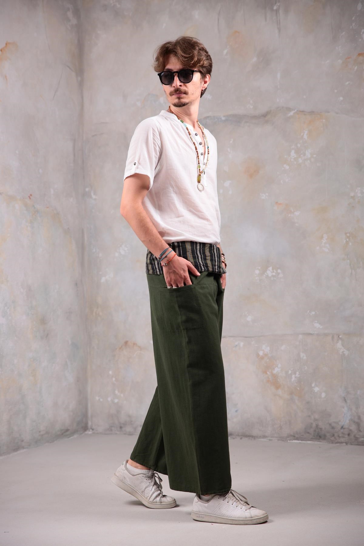  Haki Balıkçı Desenli Pantolon