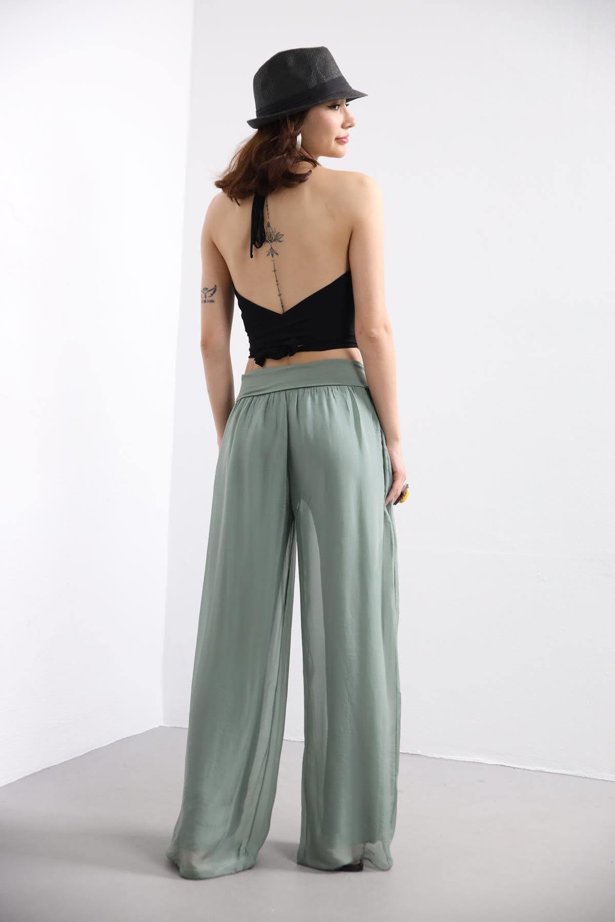  Khaki Silk Trousers - Şaman Butik | Boho Fashion  Khaki Silk Trousers