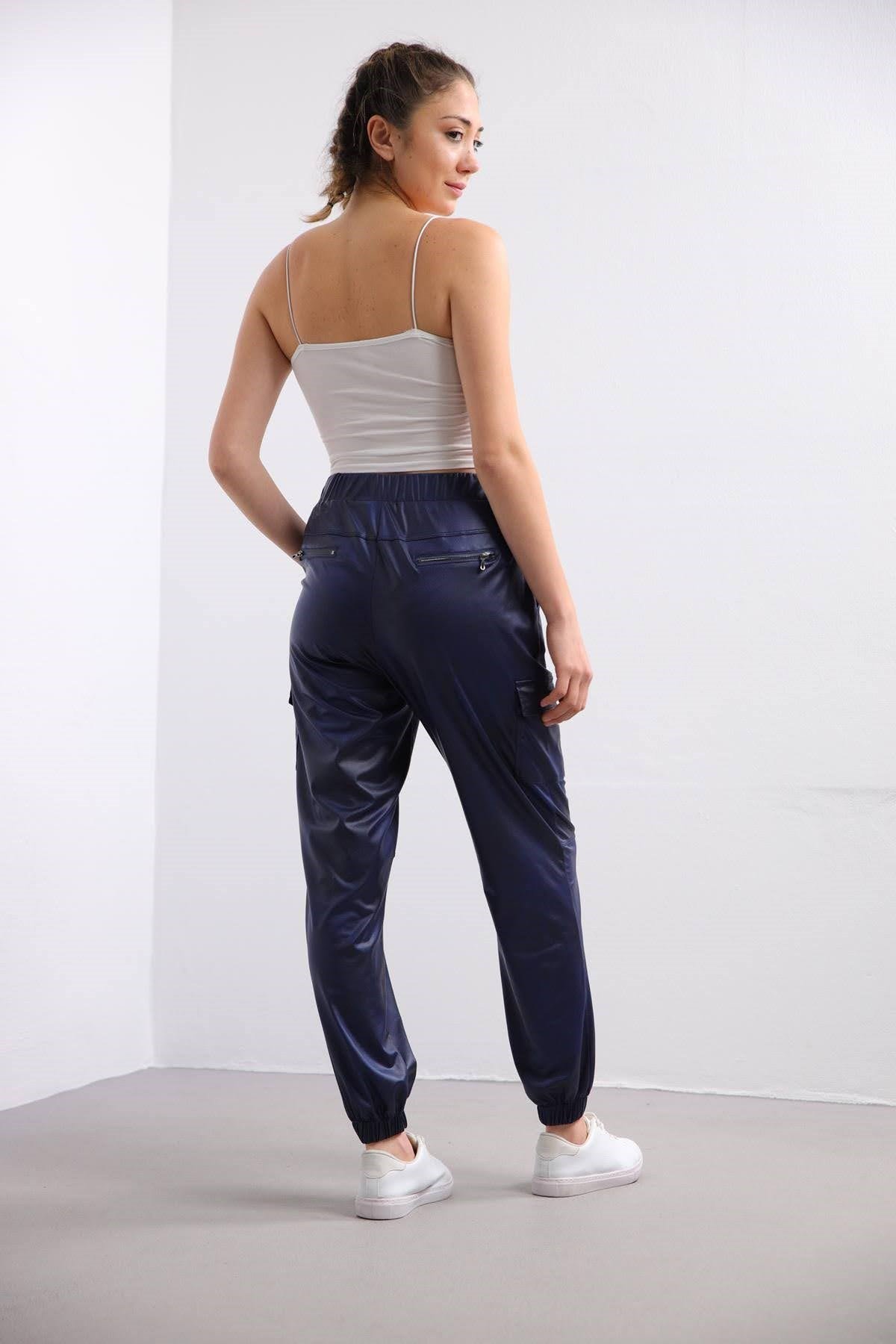 İndigo Mavi Kargo Cep Paçası Lastikli Pantolon - Şaman Butik İndigo Mavi Kargo Cep Paçası Lastikli Pantolon