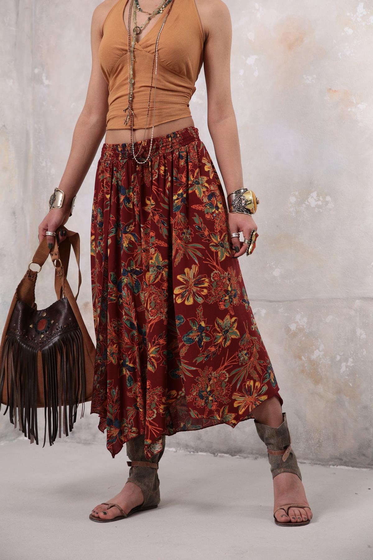 Saman Butik | Shop Online Brick Color Floral Short Trouser with Elasticated Waist