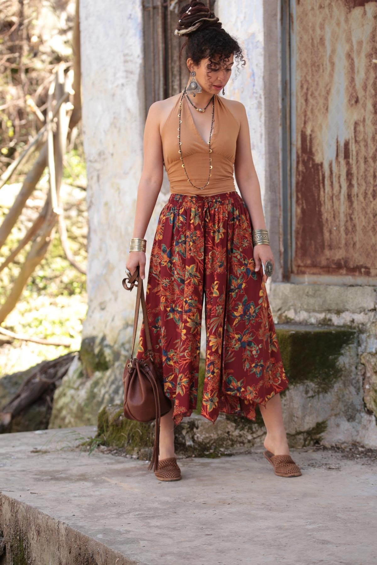  Kiremit Çiçek Desenli Beli Lastikli Pantolon