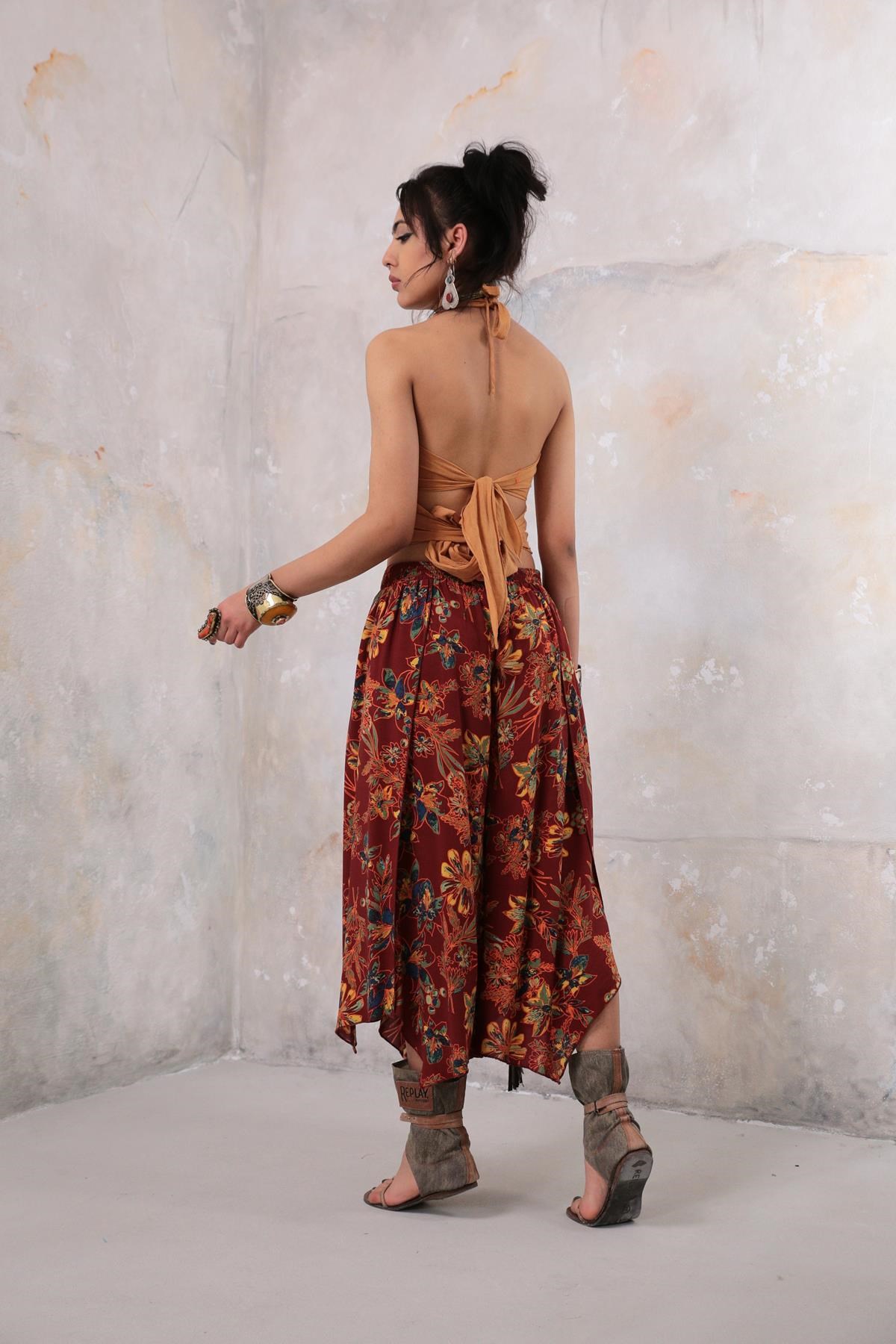 Saman Butik | Shop Online Brick Color Floral Short Trouser with Elasticated Waist