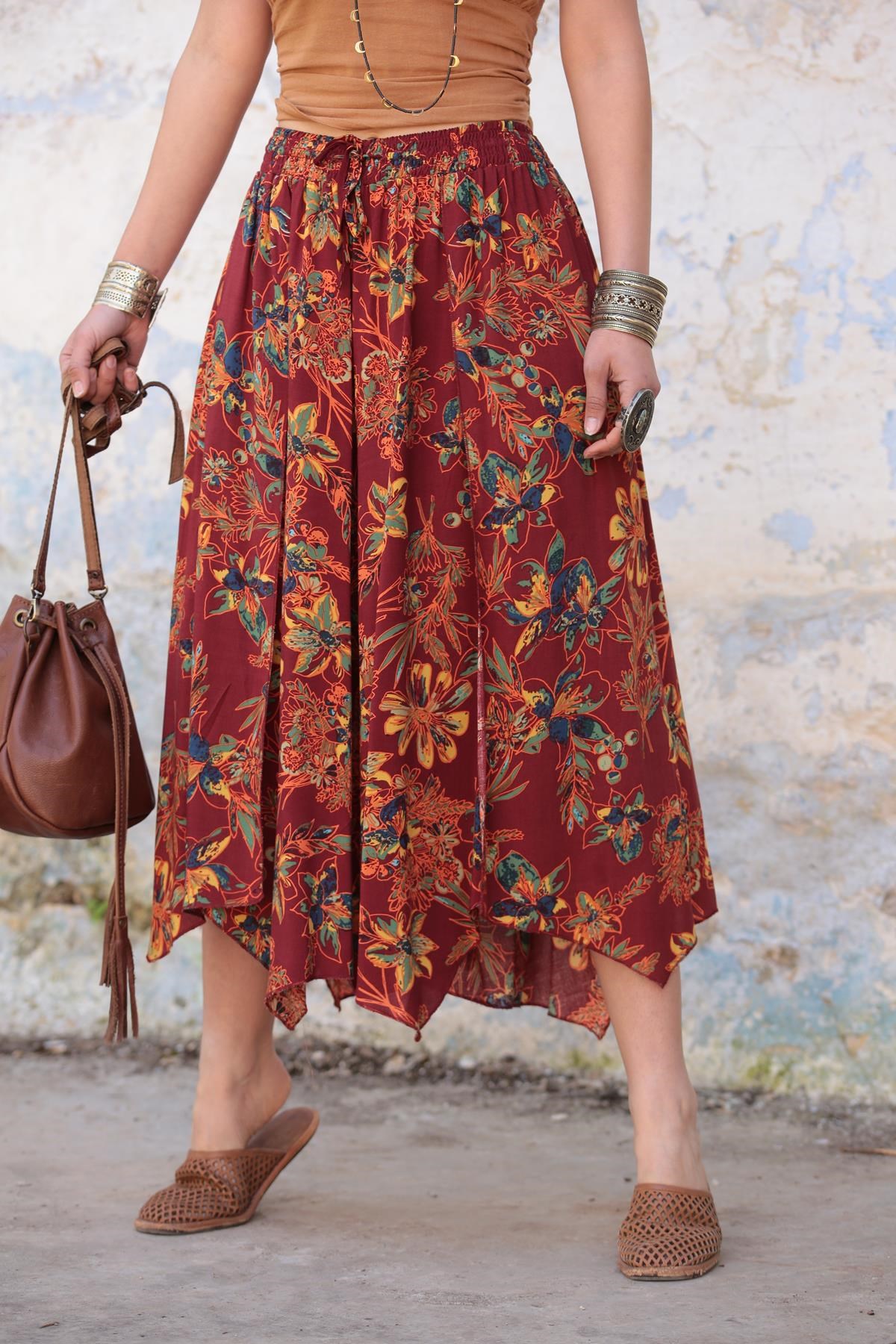  Kiremit Çiçek Desenli Beli Lastikli Pantolon