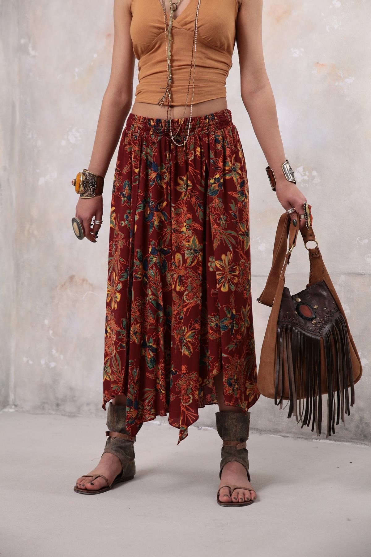 Saman Butik | Shop Online Brick Color Floral Short Trouser with Elasticated Waist