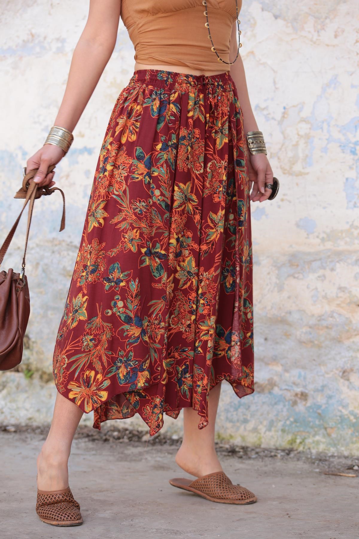  Kiremit Çiçek Desenli Beli Lastikli Pantolon