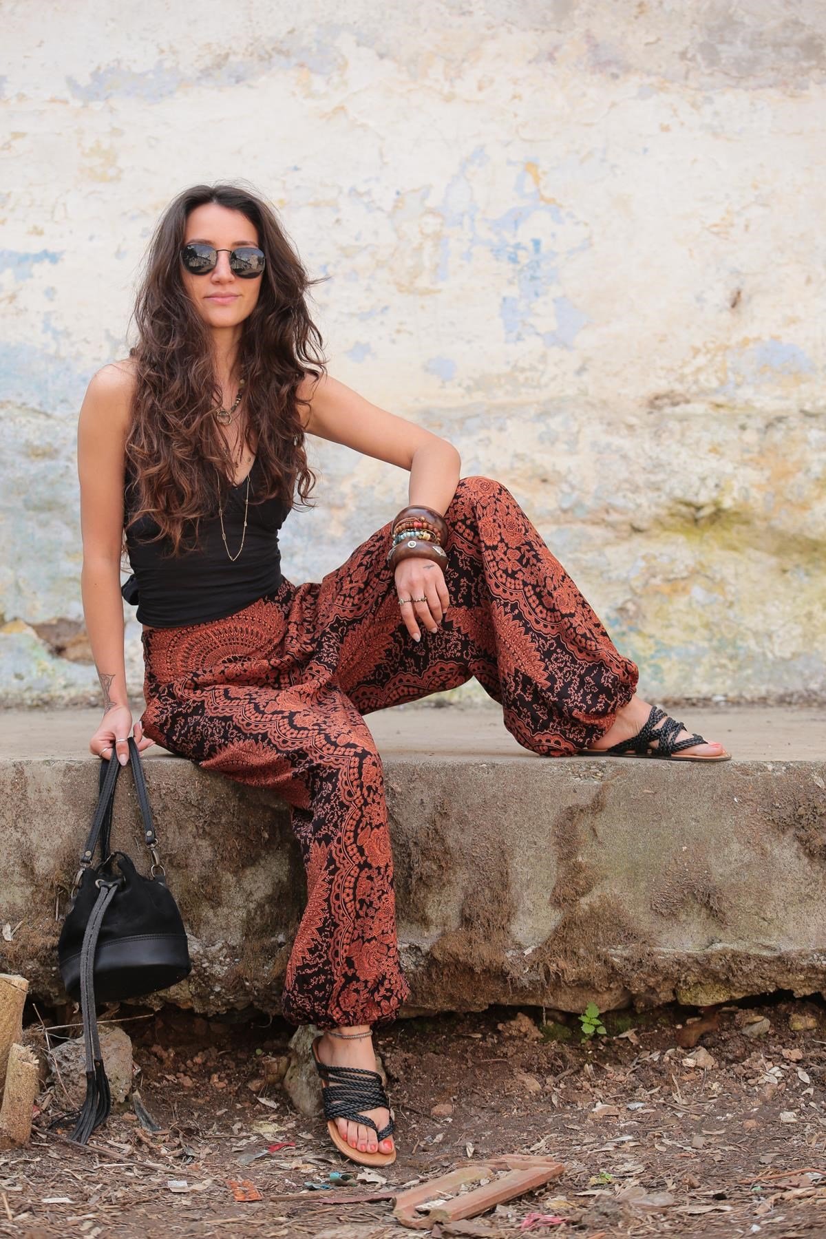  Kiremit Desenli Beli Lastikli Şalvar Pantolon