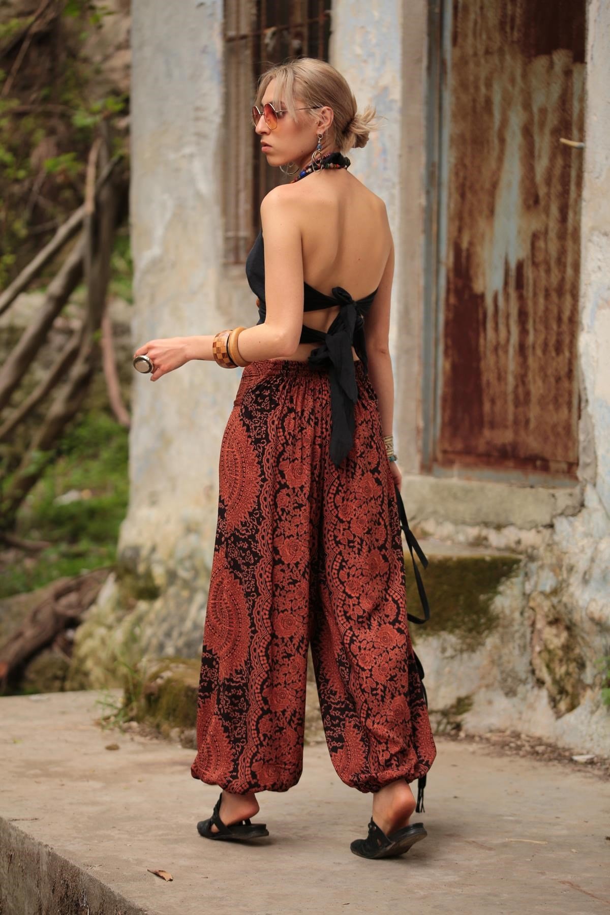 Saman Butik | Shop Online Brick Red Patterned Elastic Waist Comfy Trousers