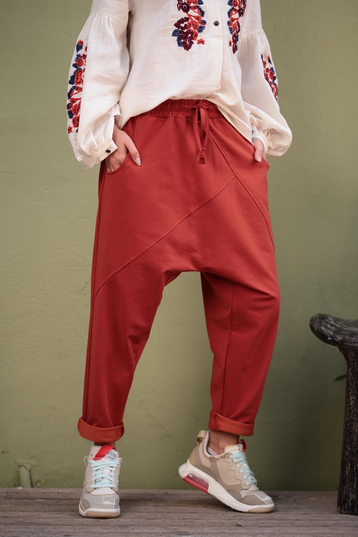 Saman Butik | Shop Online Brick Color Stitched Detail Trouser