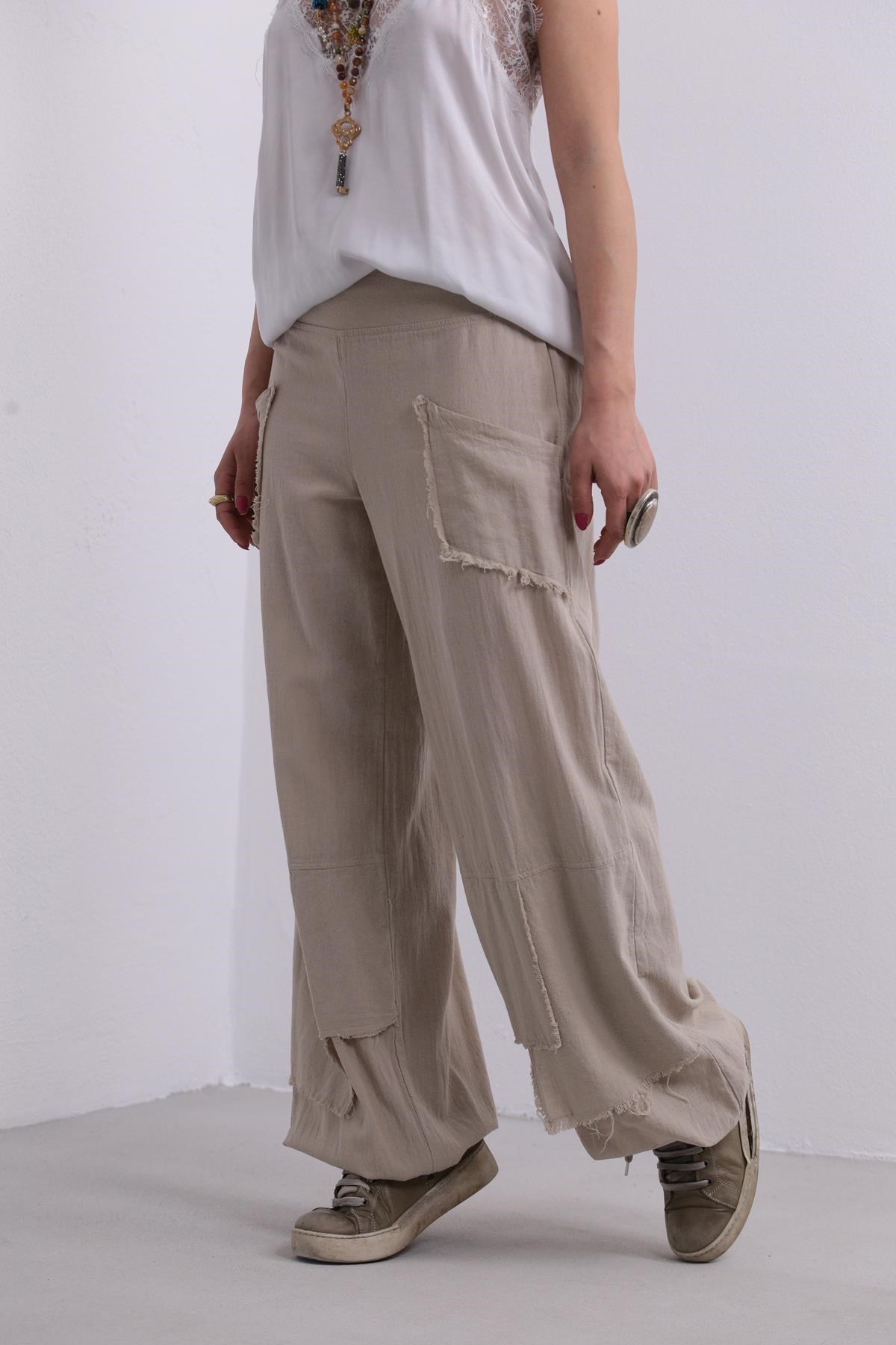 Cream Stitched Pockets Trousers - Şaman Butik | Shop Online Cream Stitched Pockets Trousers