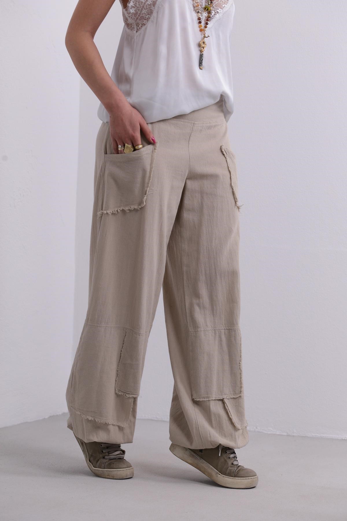 Cream Stitched Pockets Trousers - Şaman Butik | Shop Online Cream Stitched Pockets Trousers