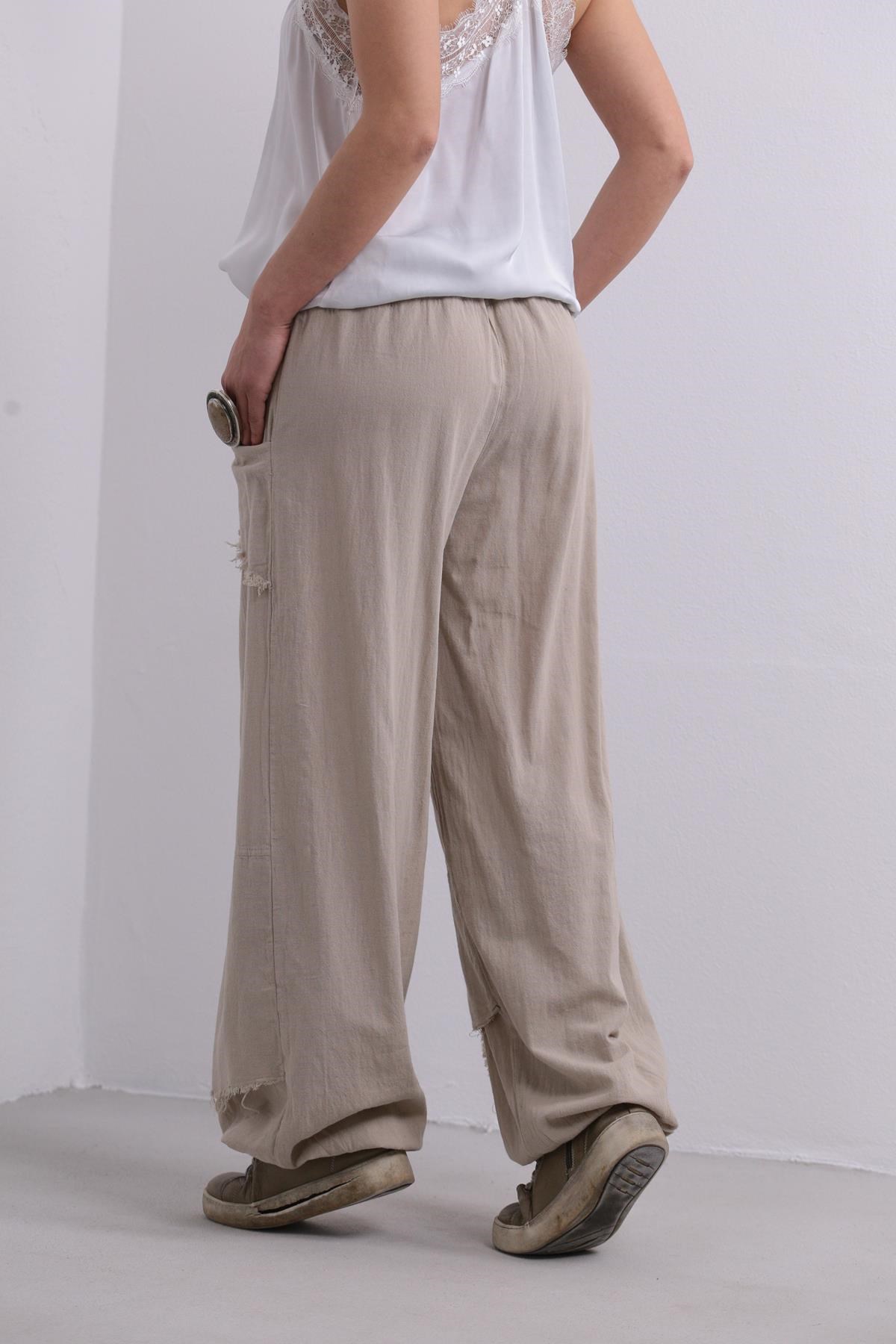 Cream Stitched Pockets Trousers - Şaman Butik | Shop Online Cream Stitched Pockets Trousers