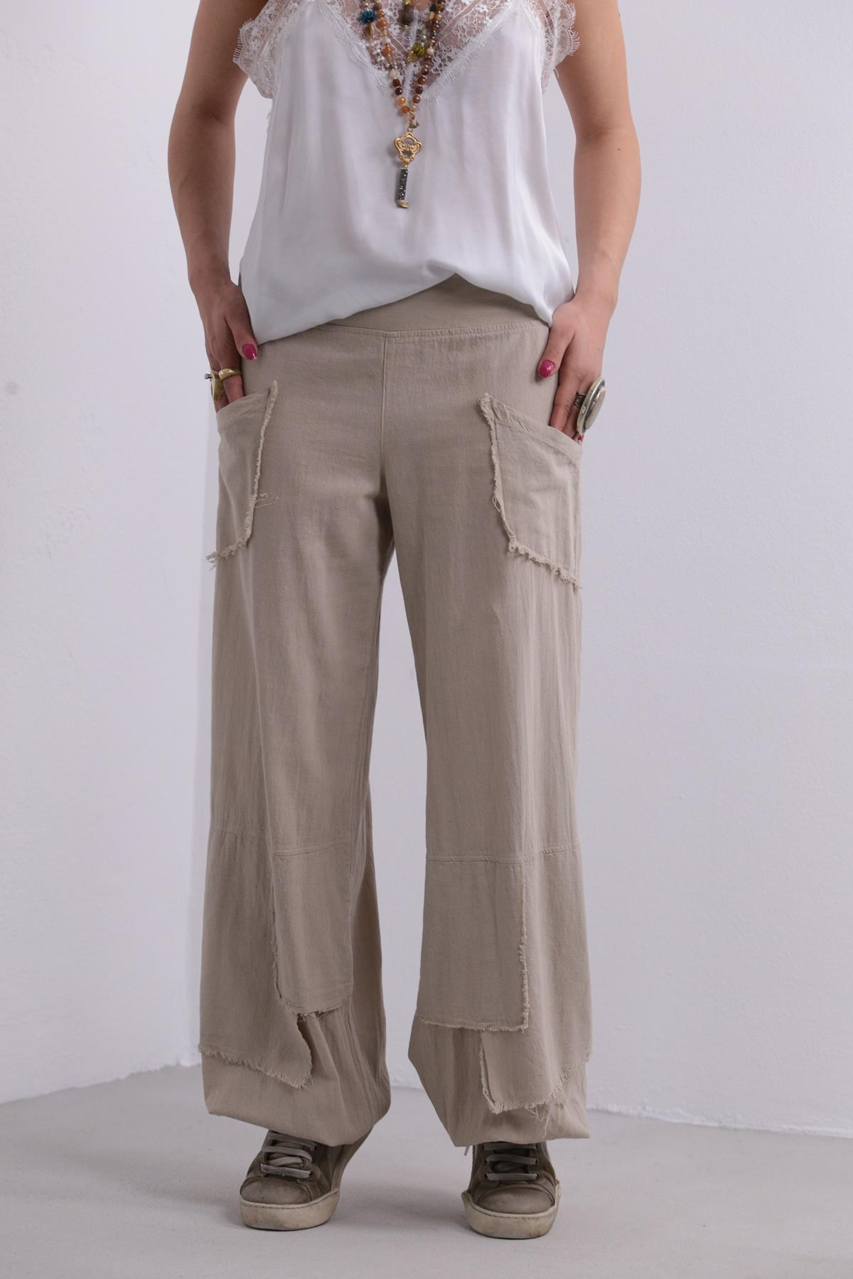 Cream Stitched Pockets Trousers - Şaman Butik | Shop Online Cream Stitched Pockets Trousers