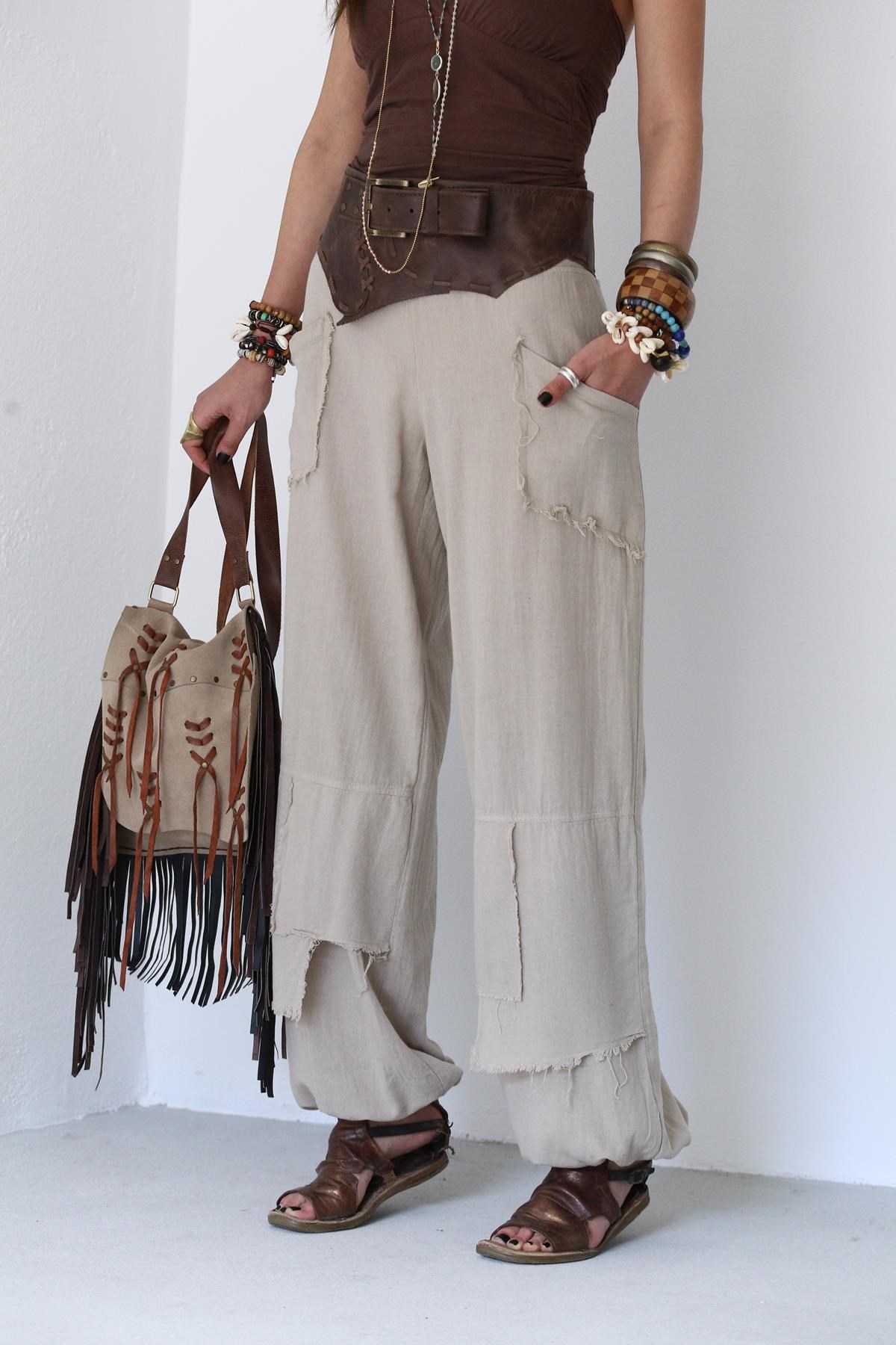 Cream Stitched Pockets Trousers - Şaman Butik | Shop Online Cream Stitched Pockets Trousers