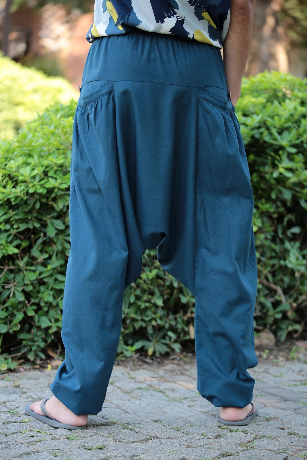  Lacivert Cep Detaylı Bol Kesim Şalvar Pantolon