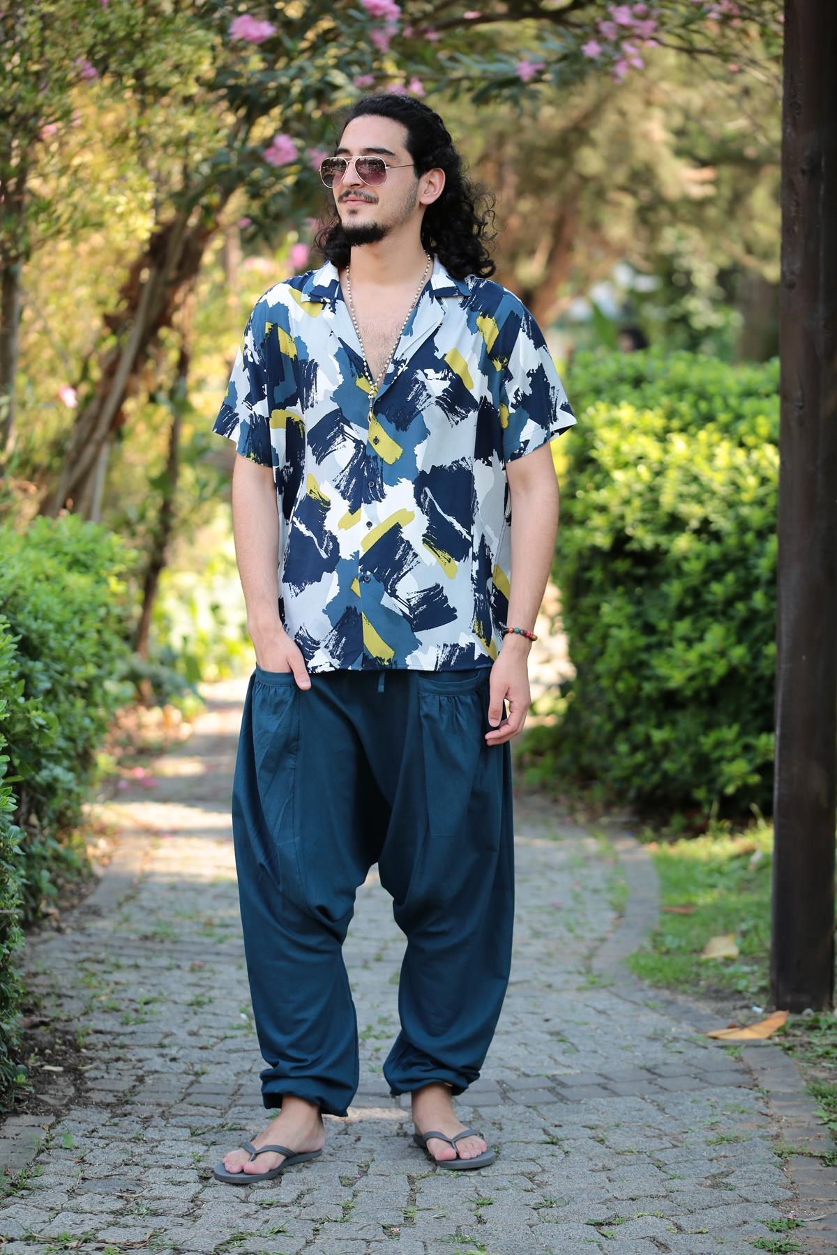  Lacivert Cep Detaylı Bol Kesim Şalvar Pantolon