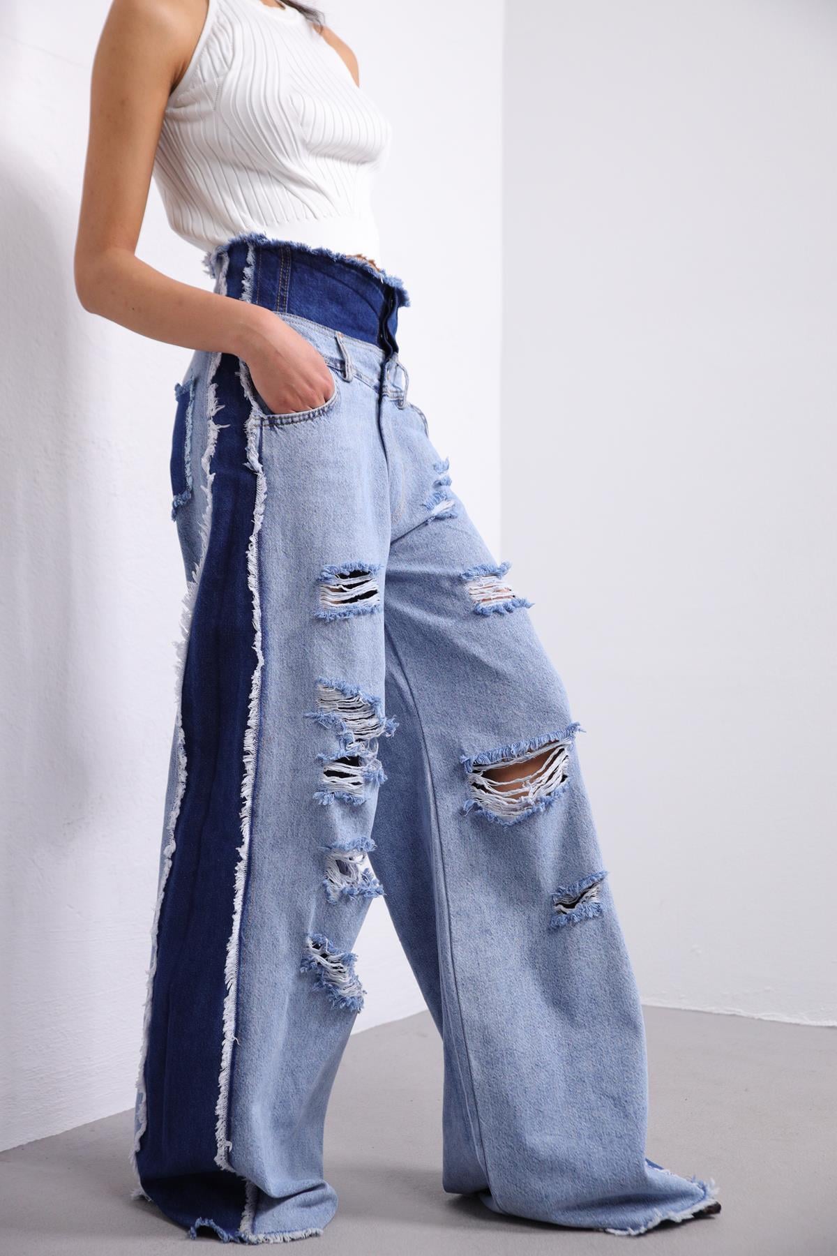  Mavi Çift Renk Yırtık Detay Jean Pantolon