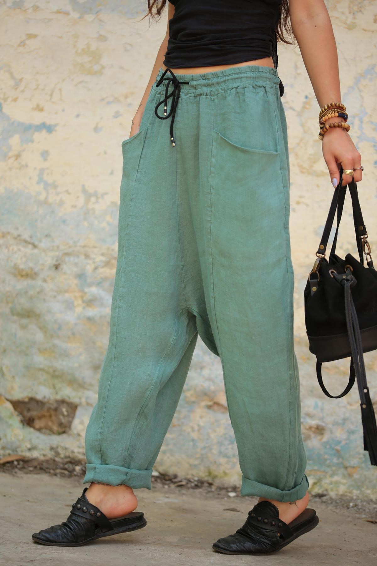  Mint Yeşili Torba Cep Detay Keten Pantolon