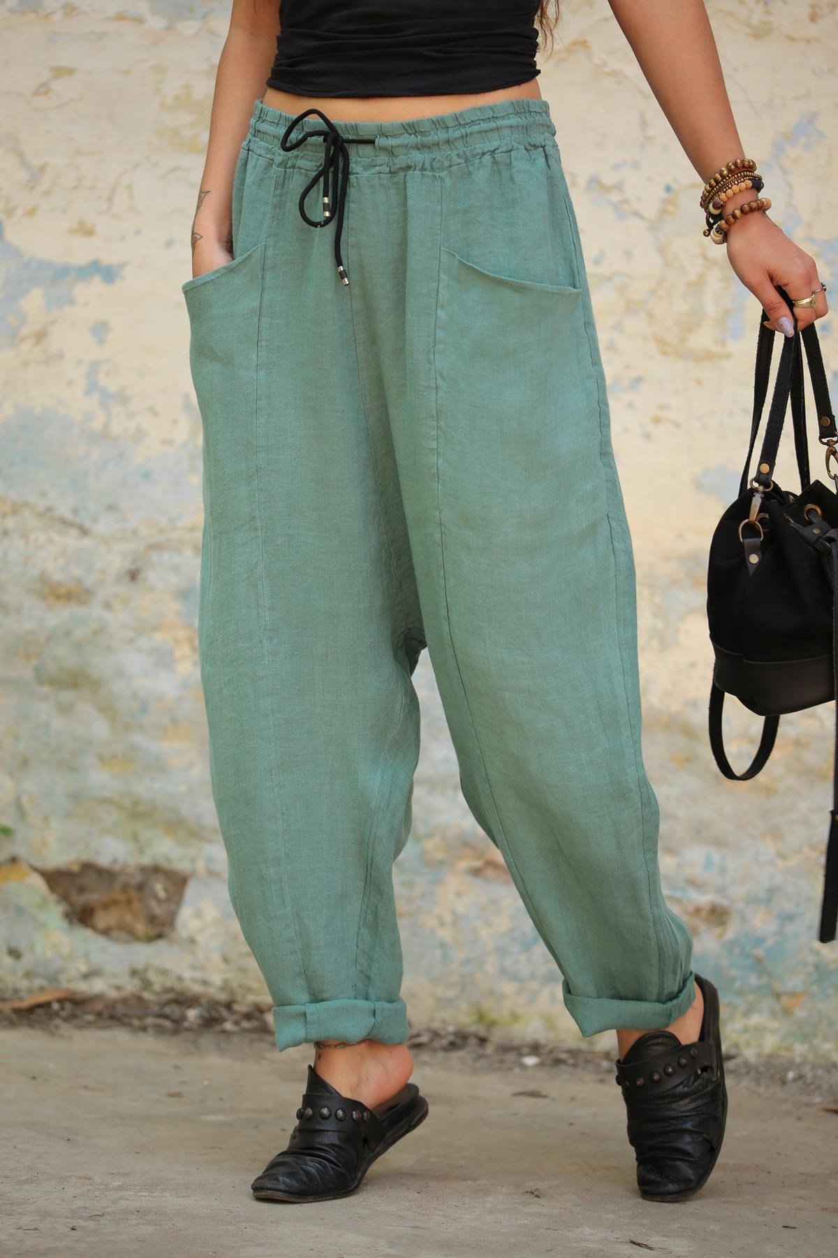  Mint Yeşili Torba Cep Detay Keten Pantolon