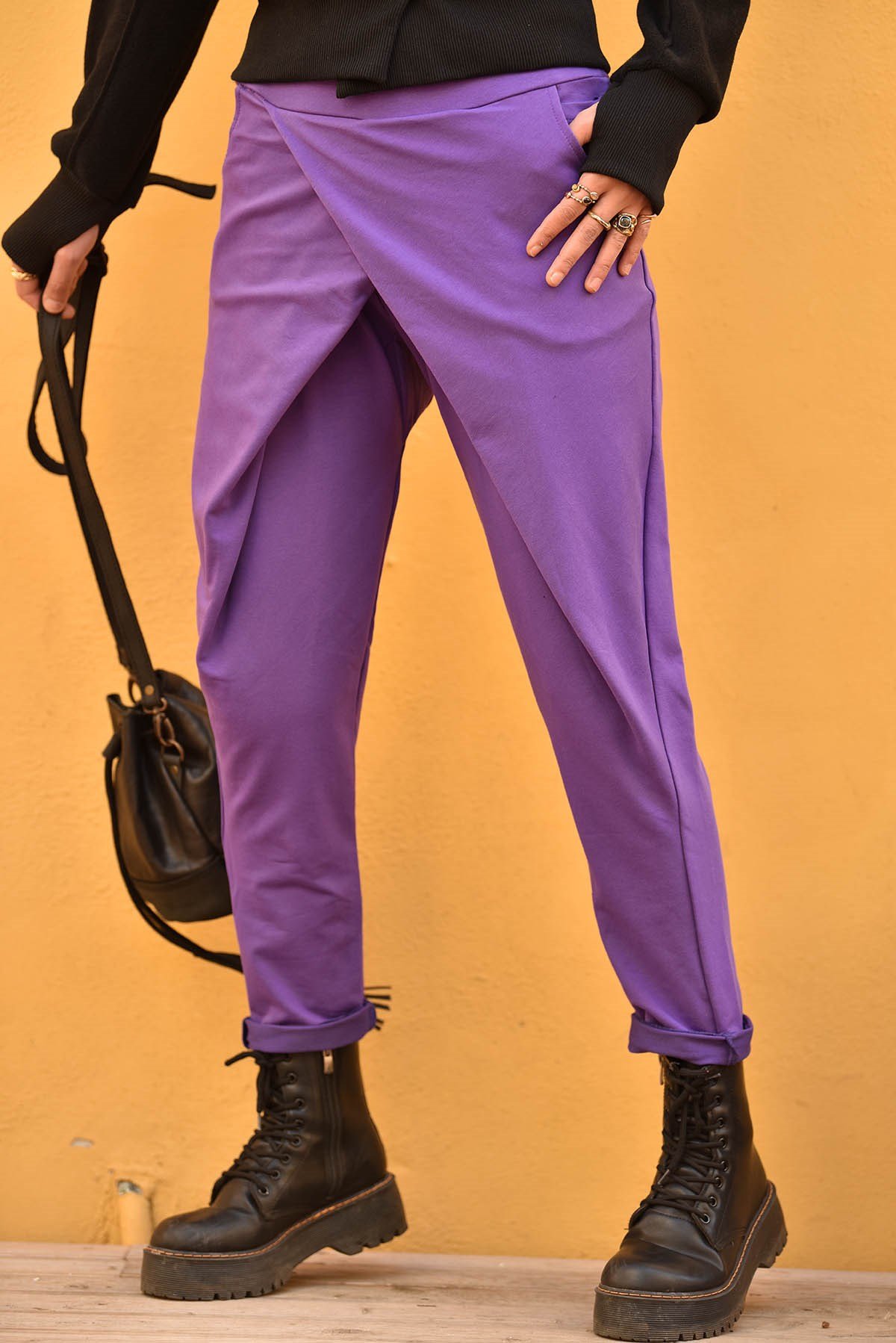  Mor Önü Kruvaze Şalvar Pantolon